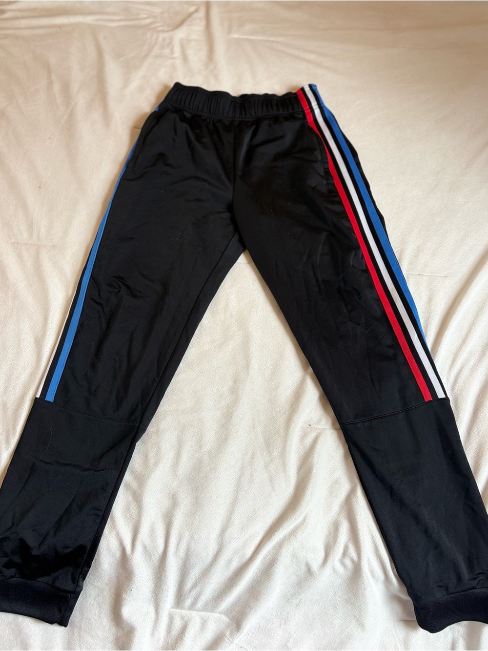 adidas Black Sweatpants with Blue White and Red Side Stripes